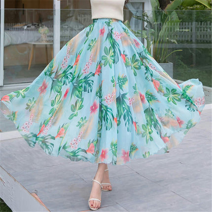 Women's Boho Floral Print Elastic High Waist Chiffon A Line Flowy Maxi Skirt