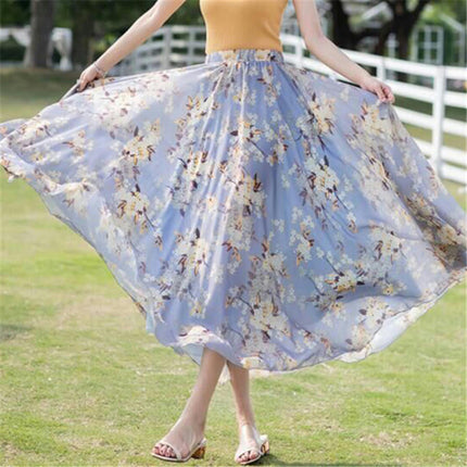 Women's Boho Floral Print Elastic High Waist Chiffon A Line Flowy Maxi Skirt