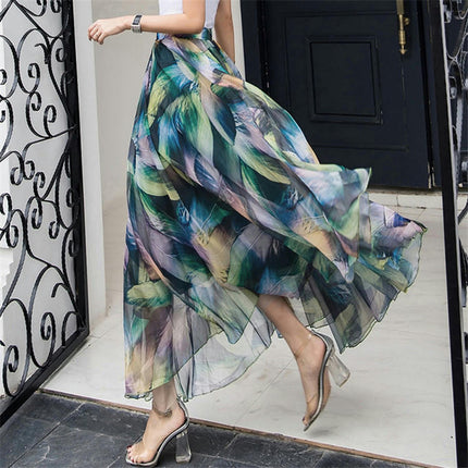 Women's Boho Floral Print Elastic High Waist Chiffon A Line Flowy Maxi Skirt