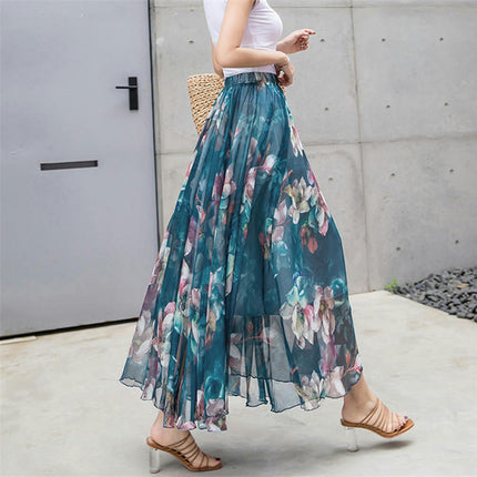Women's Boho Floral Print Elastic High Waist Chiffon A Line Flowy Maxi Skirt