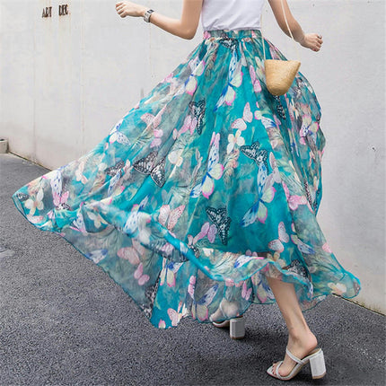 Women's Boho Floral Print Elastic High Waist Chiffon A Line Flowy Maxi Skirt