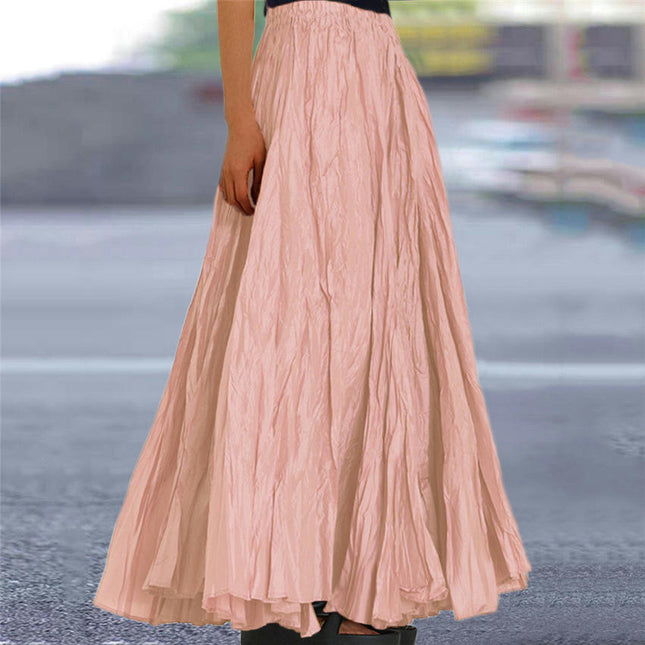 Women's Boho Elastic High Waist Pleated A-Line Flowy Swing Maxi Long Skirt