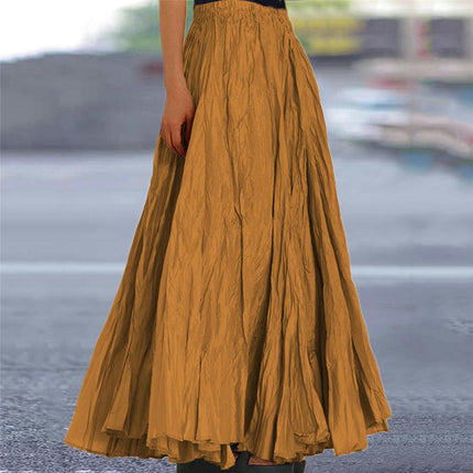 Women's Boho Elastic High Waist Pleated A-Line Flowy Swing Maxi Long Skirt