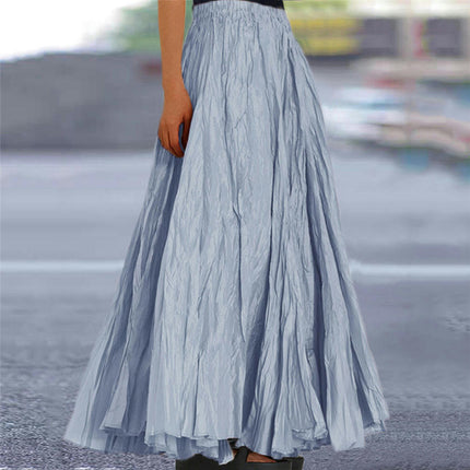 Women's Boho Elastic High Waist Pleated A-Line Flowy Swing Maxi Long Skirt