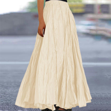 Women's Boho Elastic High Waist Pleated A-Line Flowy Swing Maxi Long Skirt