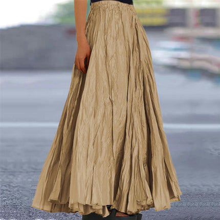 Women's Boho Elastic High Waist Pleated A-Line Flowy Swing Maxi Long Skirt