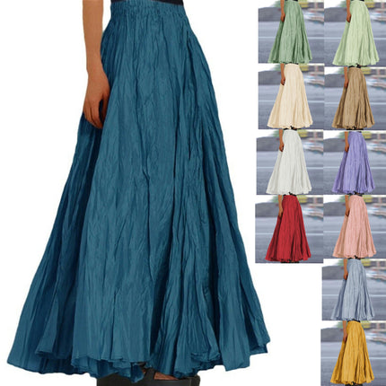 Women's Boho Elastic High Waist Pleated A-Line Flowy Swing Maxi Long Skirt