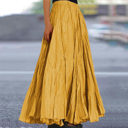 Women's Boho Elastic High Waist Pleated A-Line Flowy Swing Maxi Long Skirt