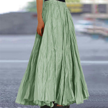 Women's Boho Elastic High Waist Pleated A-Line Flowy Swing Maxi Long Skirt