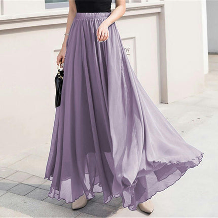 Women's Summer Chiffon Flowy Swing A-Line Ruffle High Waist Long Skirt