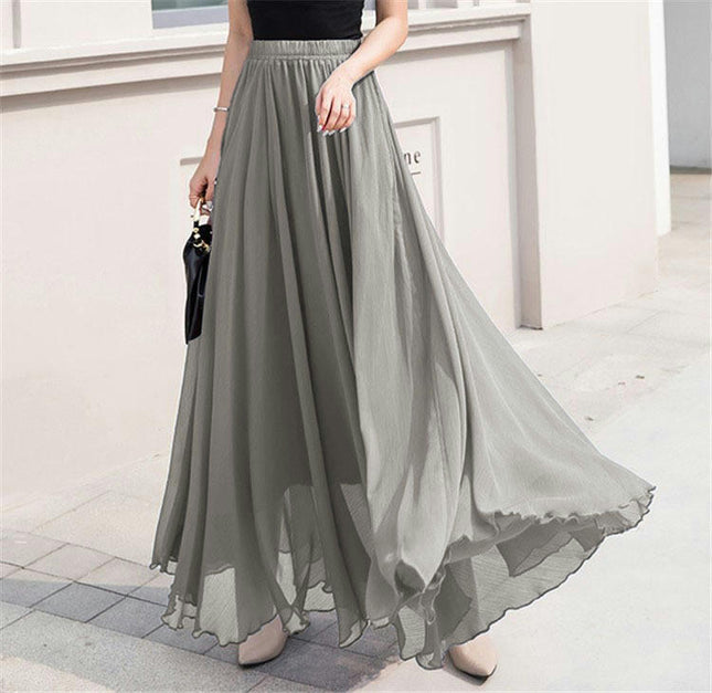 Women's Summer Chiffon Flowy Swing A-Line Ruffle High Waist Long Skirt