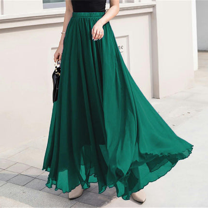 Women's Summer Chiffon Flowy Swing A-Line Ruffle High Waist Long Skirt