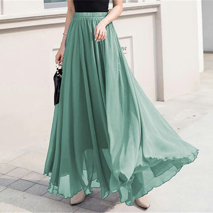 Women's Summer Chiffon Flowy Swing A-Line Ruffle High Waist Long Skirt