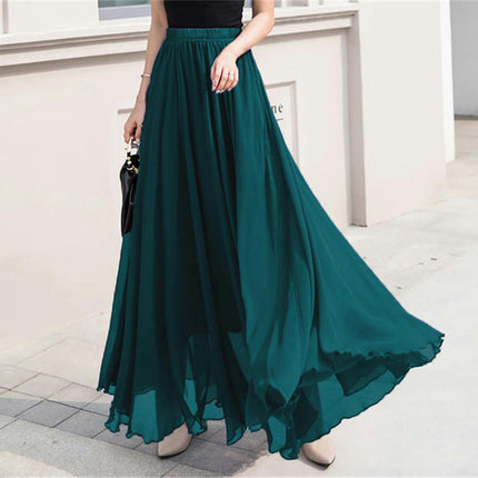 Women's Summer Chiffon Flowy Swing A-Line Ruffle High Waist Long Skirt