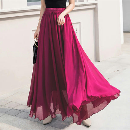 Women's Summer Chiffon Flowy Swing A-Line Ruffle High Waist Long Skirt