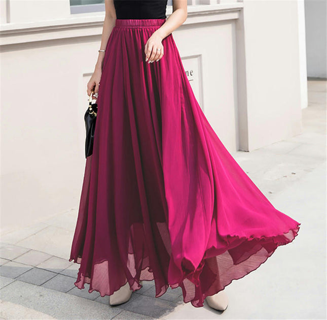 Women's Summer Chiffon Flowy Swing A-Line Ruffle High Waist Long Skirt