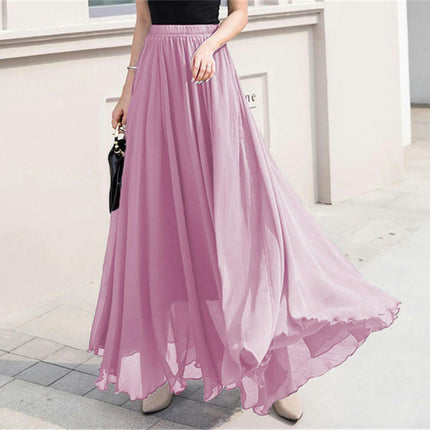 Women's Summer Chiffon Flowy Swing A-Line Ruffle High Waist Long Skirt