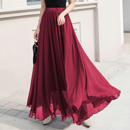 Women's Summer Chiffon Flowy Swing A-Line Ruffle High Waist Long Skirt