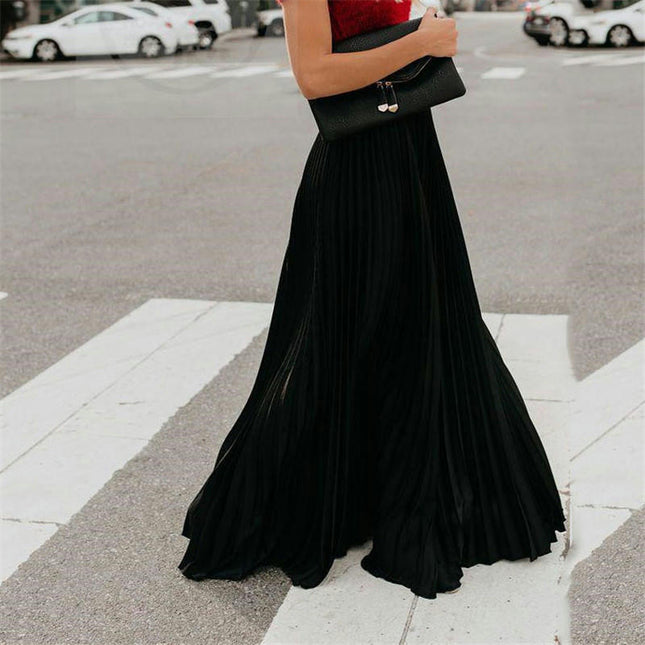 Women's Elegant Maxi Skirt High Waisted Pleated A-Line Long Skirts