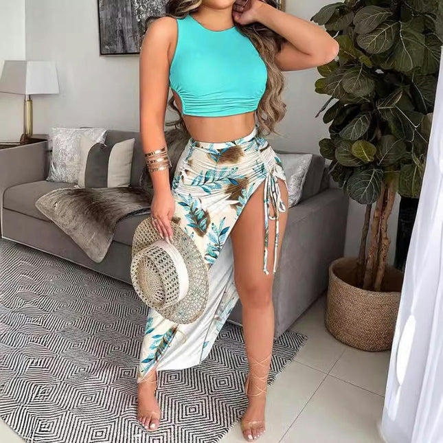 Women's Boho Floral Midi Skirt High Waist Bodycon Drawstring Split Skirt