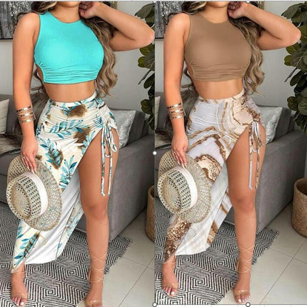 Women's Boho Floral Midi Skirt High Waist Bodycon Drawstring Split Skirt