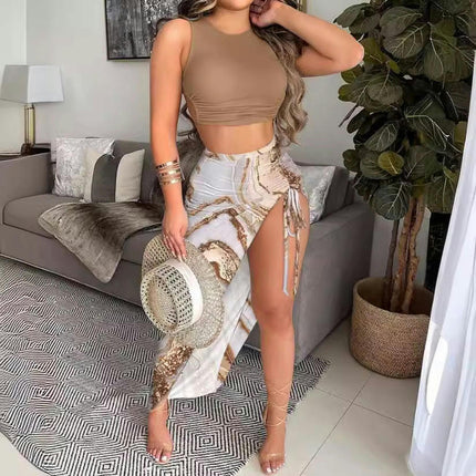 Women's Boho Floral Midi Skirt High Waist Bodycon Drawstring Split Skirt