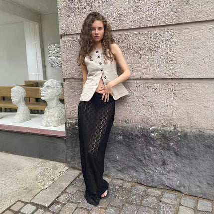 Women Lace Long Skirt High Waist A-line Elegant See Through Maxi Skirts