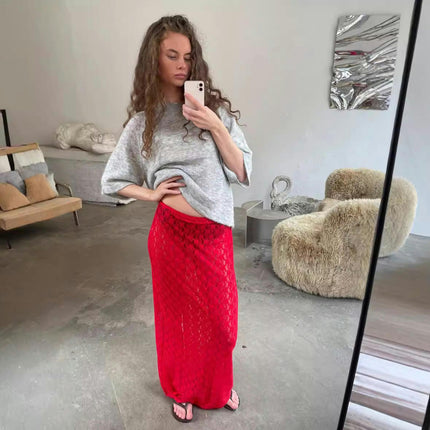 Women Lace Long Skirt High Waist A-line Elegant See Through Maxi Skirts