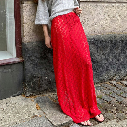 Women Lace Long Skirt High Waist A-line Elegant See Through Maxi Skirts
