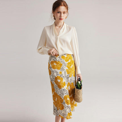 Floral Print Skirt for Women Midi Length High Waist Silk Casual Skirts