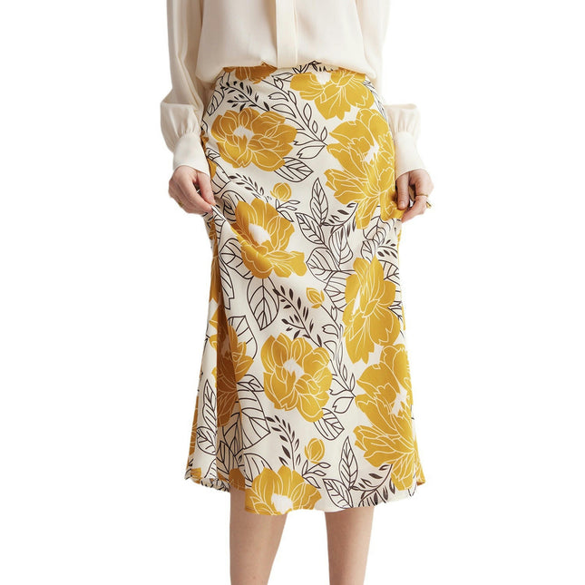 Floral Print Skirt for Women Midi Length High Waist Silk Casual Skirts