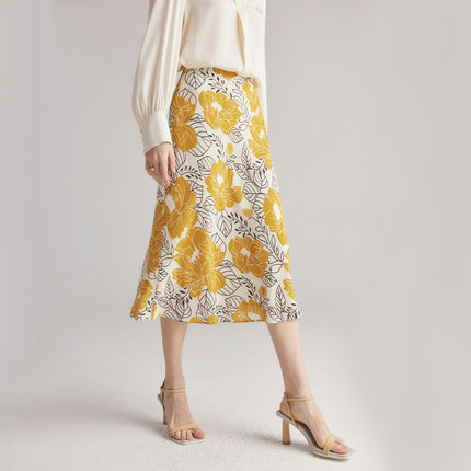 Floral Print Skirt for Women Midi Length High Waist Silk Casual Skirts