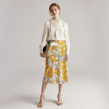 Floral Print Skirt for Women Midi Length High Waist Silk Casual Skirts