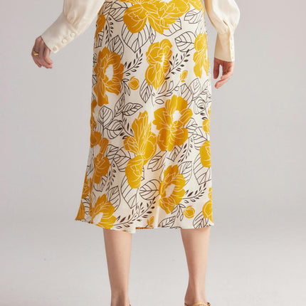 Floral Print Skirt for Women Midi Length High Waist Silk Casual Skirts