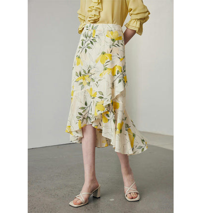 Women Silk Skirts Floral Print High Waist Ruffle High Low Midi Skirt
