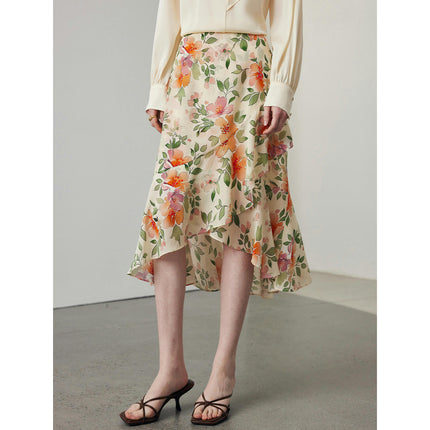 Women Silk Skirts Floral Print High Waist Ruffle High Low Midi Skirt