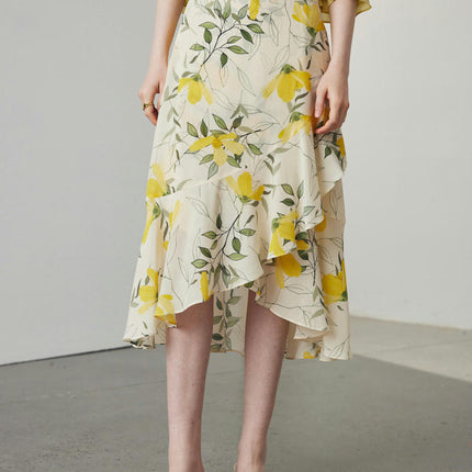 Women Silk Skirts Floral Print High Waist Ruffle High Low Midi Skirt