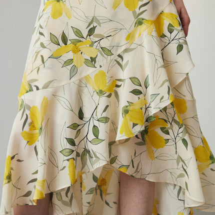 Women Silk Skirts Floral Print High Waist Ruffle High Low Midi Skirt
