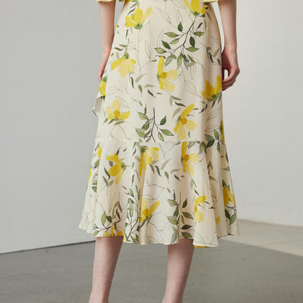 Women Silk Skirts Floral Print High Waist Ruffle High Low Midi Skirt