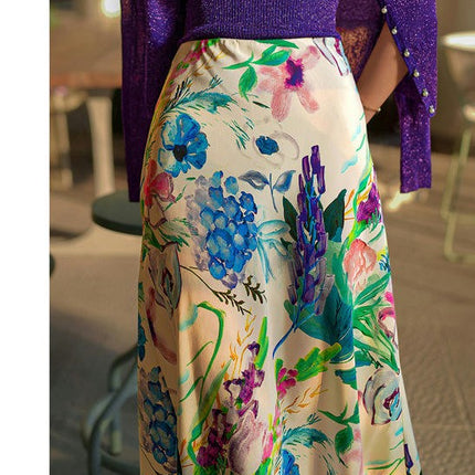 Women's Elegant Silky Skirt High Waist Floral A Line Midi Skirts