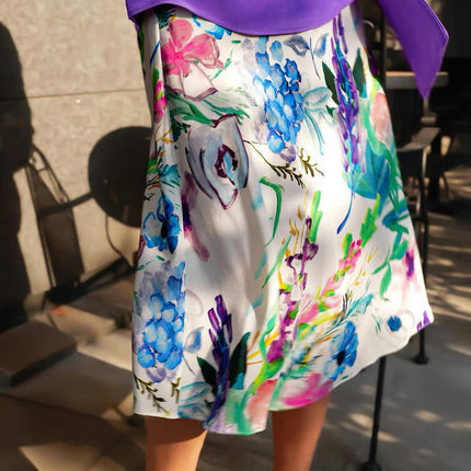 Women's Elegant Silky Skirt High Waist Floral A Line Midi Skirts