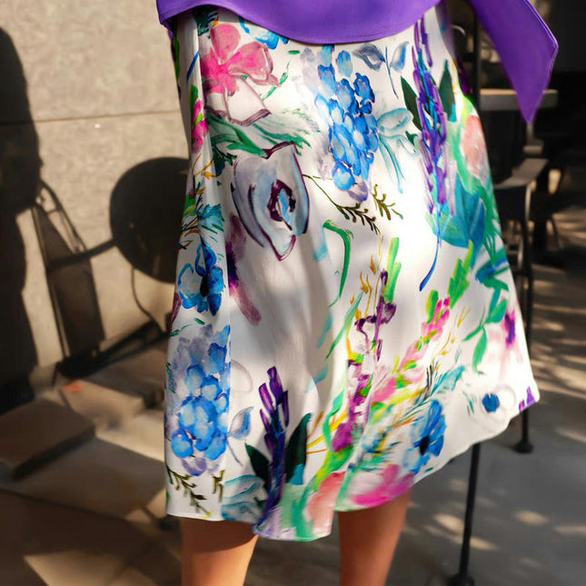 Women's Elegant Silky Skirt High Waist Floral A Line Midi Skirts