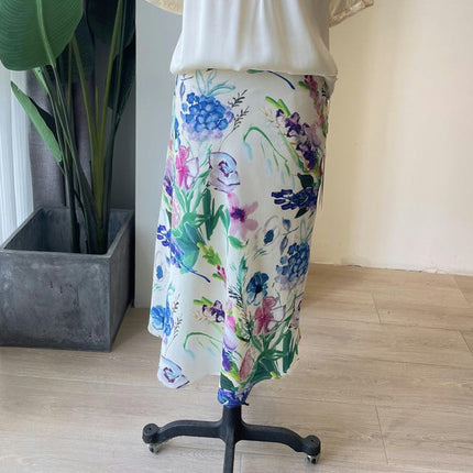Women's Elegant Silky Skirt High Waist Floral A Line Midi Skirts