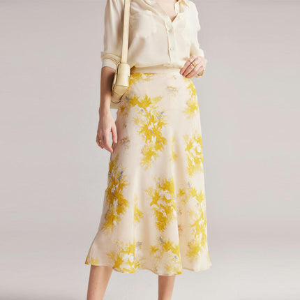 Womens Floral Print Midi Length Skirt Silk High Waist Elegant Skirts