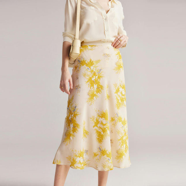 Womens Floral Print Midi Length Skirt Silk High Waist Elegant Skirts