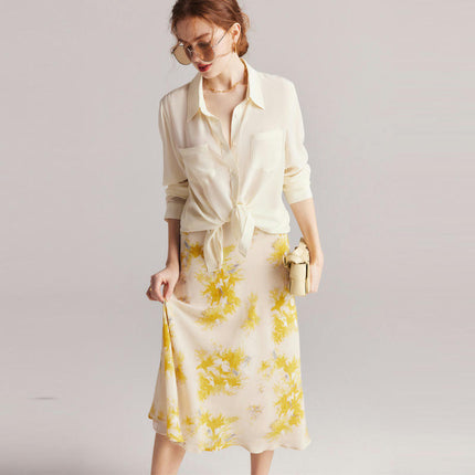 Womens Floral Print Midi Length Skirt Silk High Waist Elegant Skirts