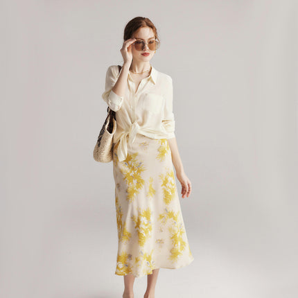 Womens Floral Print Midi Length Skirt Silk High Waist Elegant Skirts