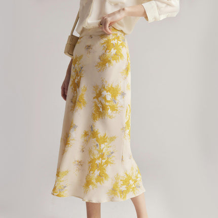 Womens Floral Print Midi Length Skirt Silk High Waist Elegant Skirts