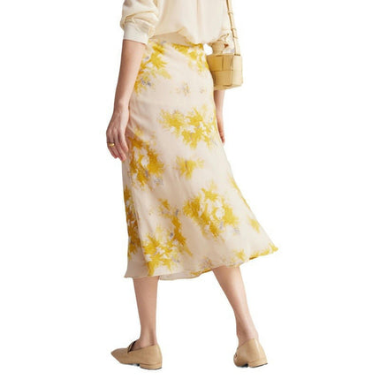 Womens Floral Print Midi Length Skirt Silk High Waist Elegant Skirts