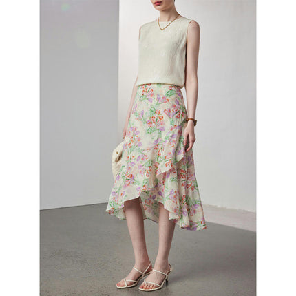 Womens Floral Print Midi Skirt Silk High Waist Elegant Asymmetric Ruffle Skirts